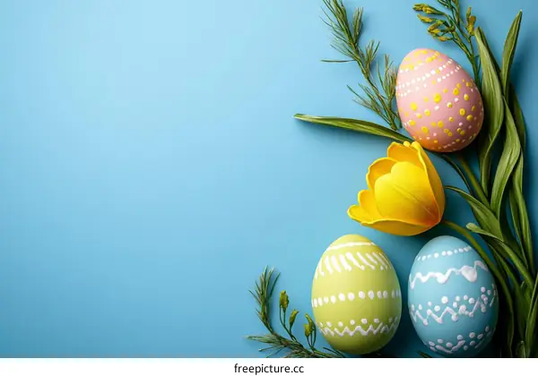 Easter Eggs and Flowers on a Light Blue Background