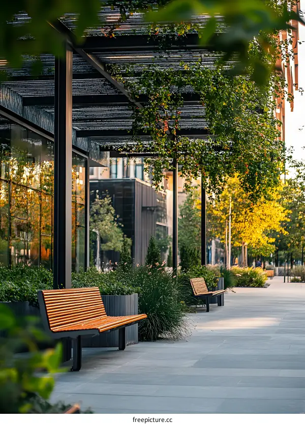 Modern City Street with Green Trees and Benches