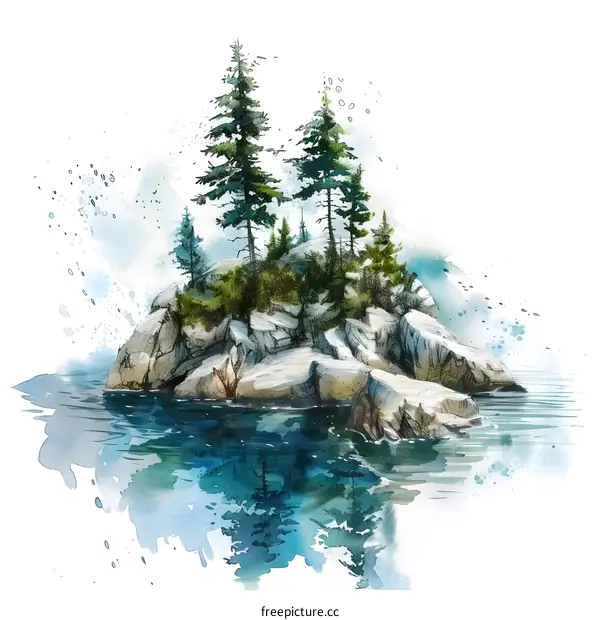 Watercolor Painting of a Small Island with Trees and Rocks