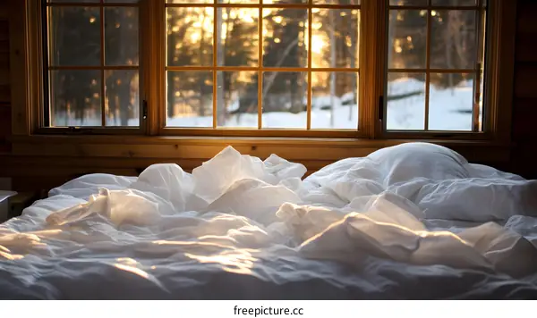White Bed Linen With Window View Of Snow Covered Landscape In Winter