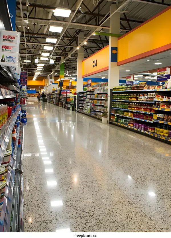 Empty Grocery Store Aisle With Shelves Filled With Products