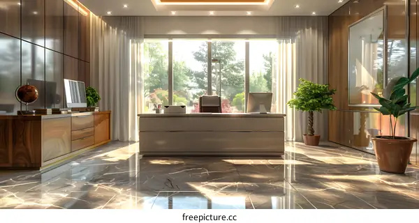 Modern office interior with large windows and marble floor