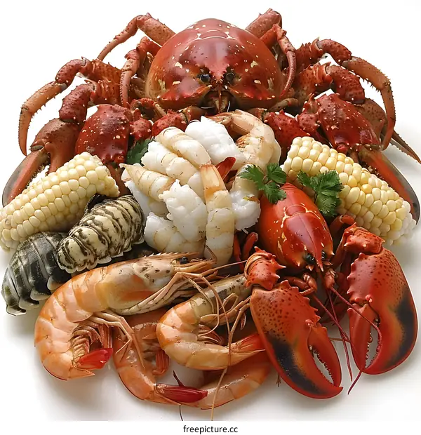 A variety of seafood, including lobster, crab, shrimp, and clams