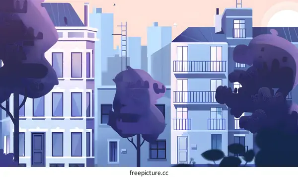 Purple Buildings And Trees Cityscape Illustration