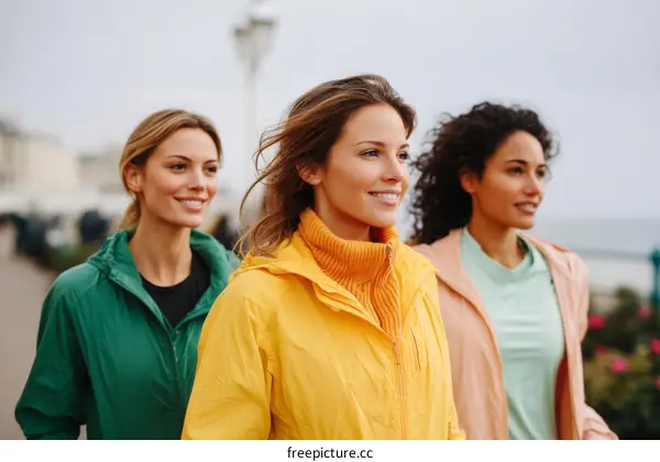 Three Women Walking Outdoors in Jackets