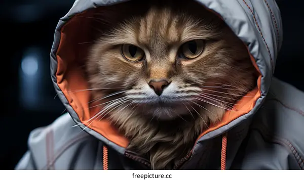 A ginger cat wearing a gray and orange jacket with the hood up