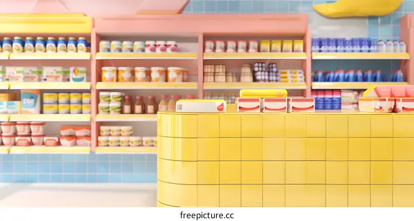 Minimalist Grocery Store Interior Design With Yellow Counter