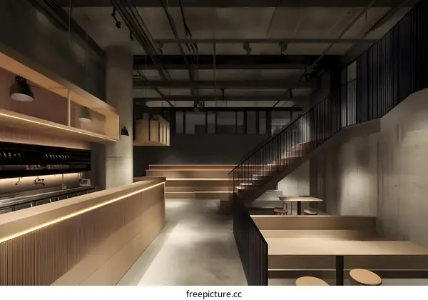 Modern Minimalist Bar Interior Design with Wooden Counter and Black Metal Railing