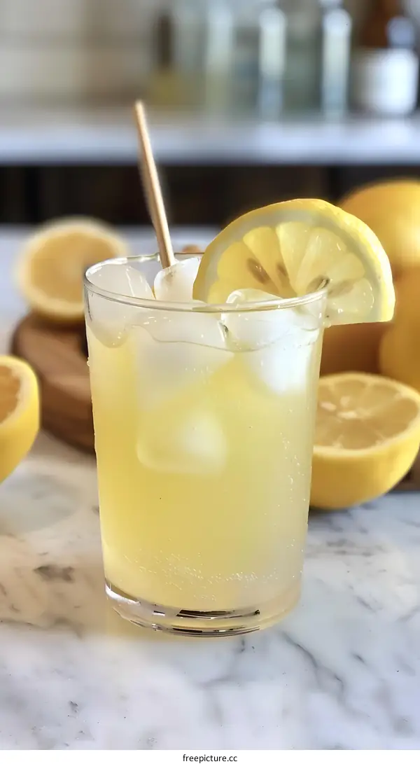 Refreshing Lemonade Drink with Lemon Slices and Ice Cubes