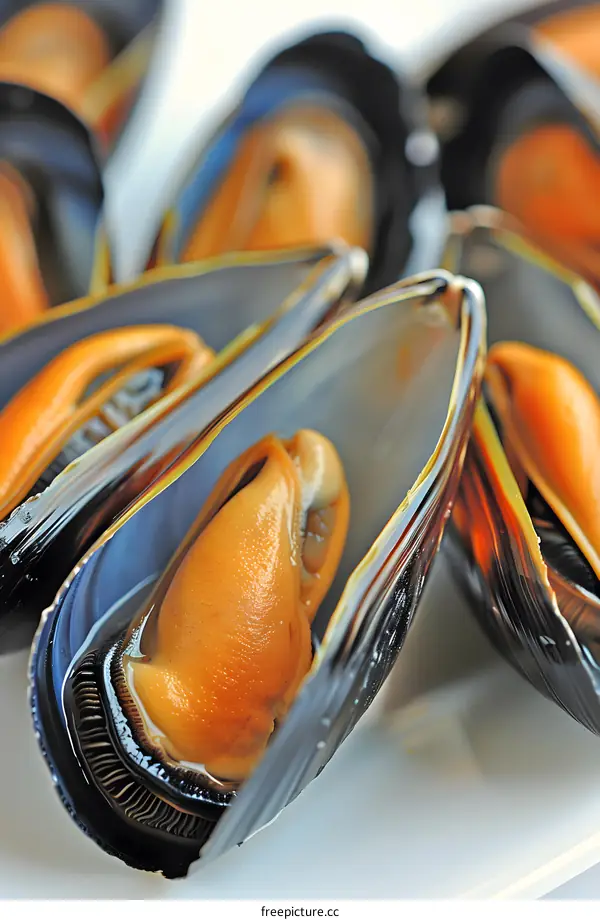 A close-up of a group of opened mussels.