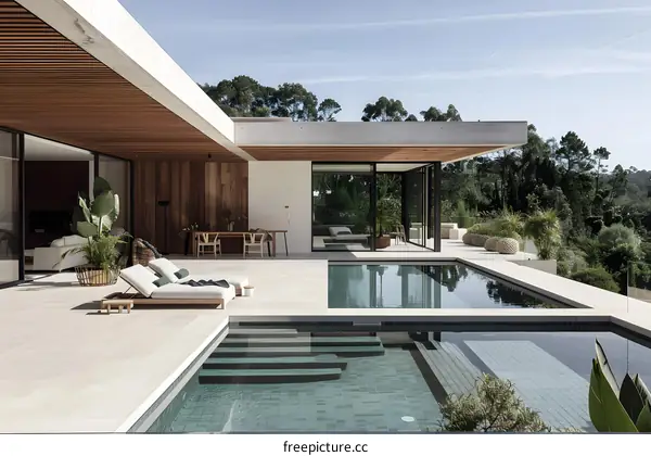 Modern House with Swimming Pool and Wooden Deck