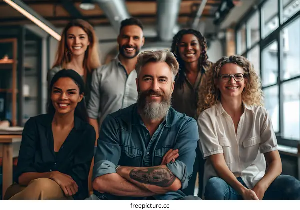 Group of smiling business professionals posing in an office