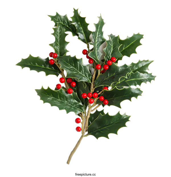 [Transparent Background PNG]Green Holly Sprig With Red Berries Isolated on White Background