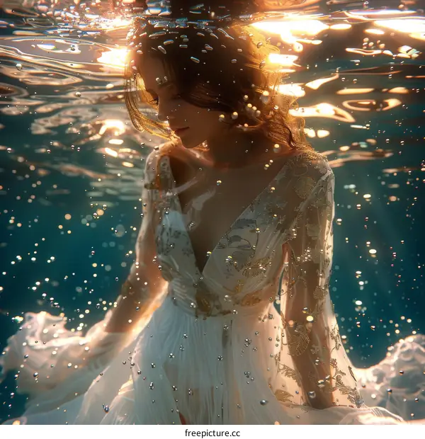 An ethereal underwater portrait of a woman in a white dress