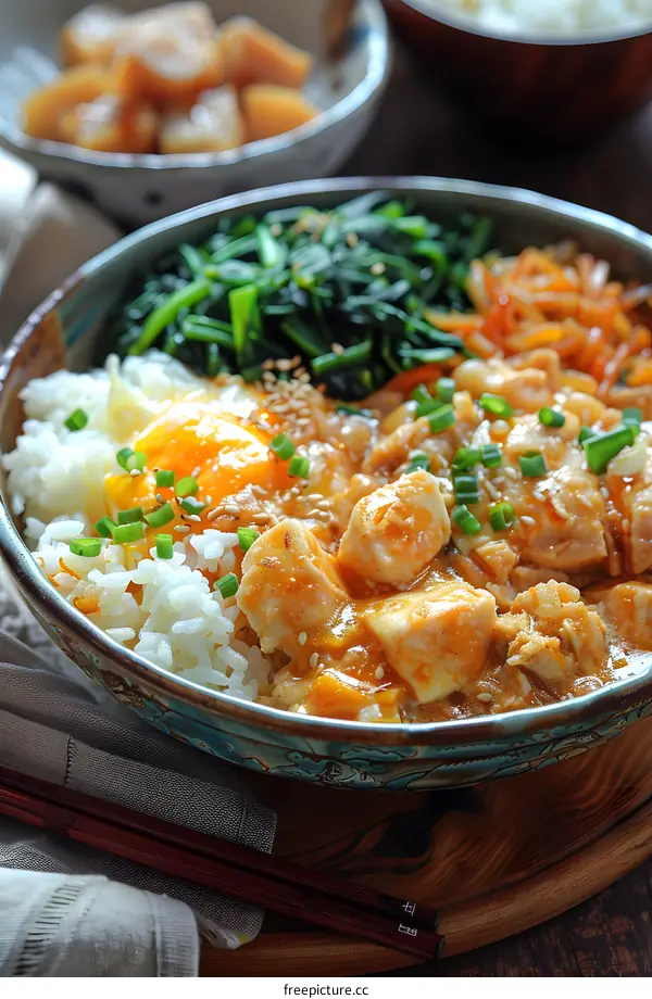 Rice bowl with chicken, egg and spinach