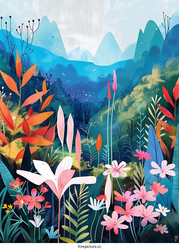Illustrated Landscape With Colorful Flowers and Mountains in the Background