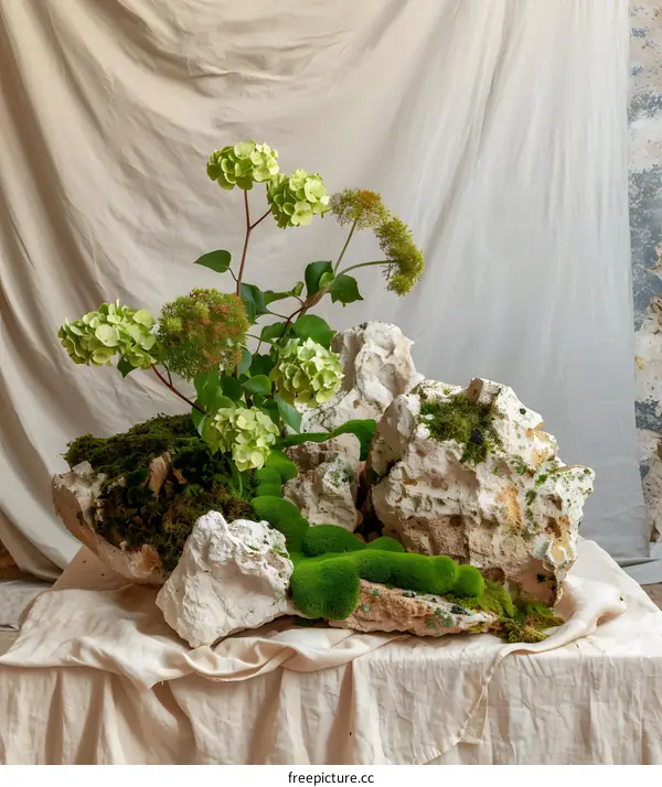 Green Flowers and Moss on Rocks
