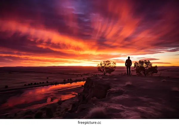 Man standing on a cliff watching a beautiful sunset over a river in the outback of Australia