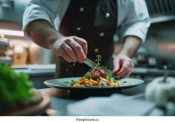 Chef carefully adding garnish to a plate of food