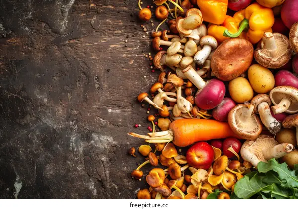 An arrangement of colorful vegetables and mushrooms on a wooden table.