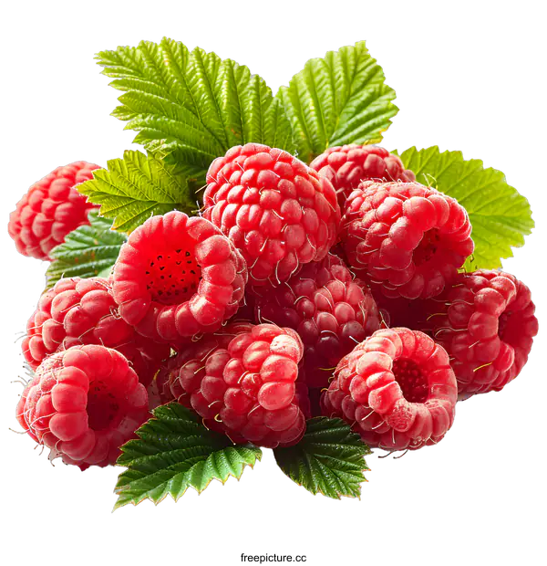 [Transparent Background PNG]A pile of fresh raspberries with green leaves isolated on a white background.