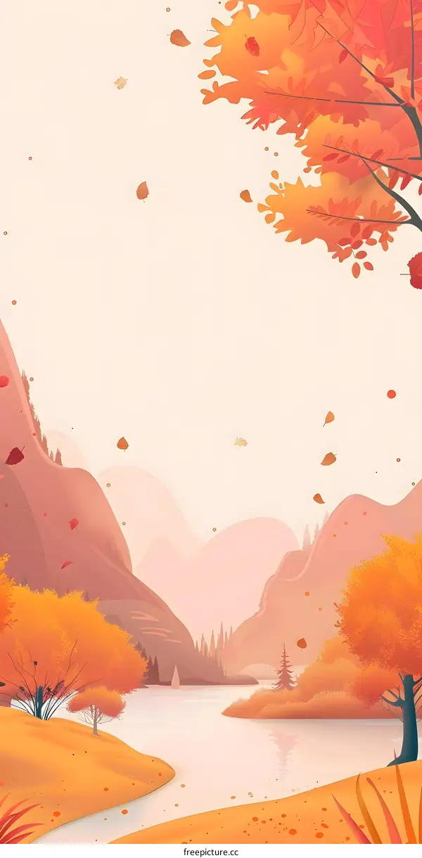 Autumn Landscape Illustration with River and Mountains