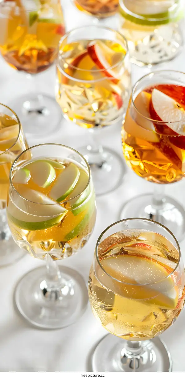 Closeup of Glasses of Sparkling Apple Cider with Apple Slices