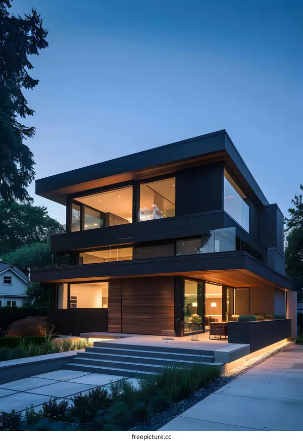 Modern Black and Wood House with Large Windows and Front Patio