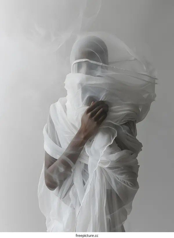 Black and white portrait of a person with white cloth over head and smoke around