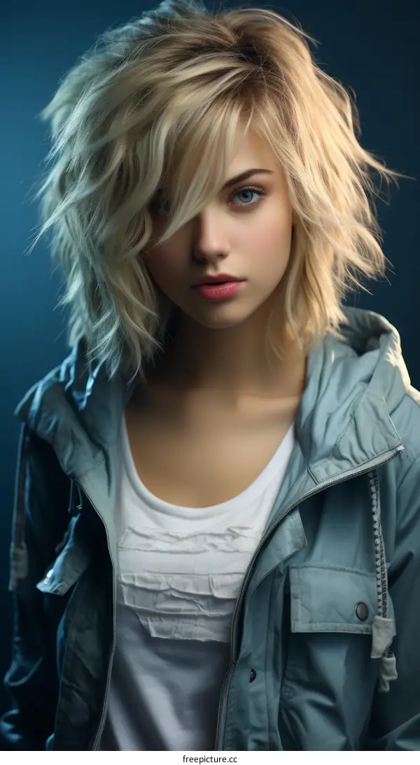 Portrait of a young woman with short blonde hair and blue eyes wearing a white shirt and blue jacket