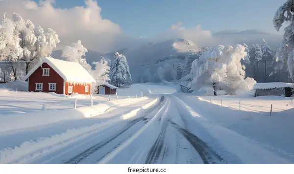 A snow-covered rural road with a red house and snow-covered trees