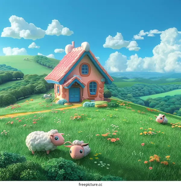 Cartoon style house and sheep on a green hill