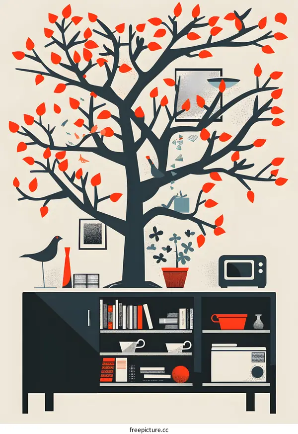 Abstract Illustration of a Tree in a Room with Bookshelves and a Bird