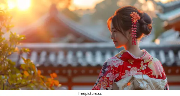 A woman wearing a kimono is standing in a traditional Japanese garden.