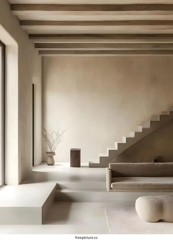 Modern Minimalist Living Room with Beige Walls and Stairs