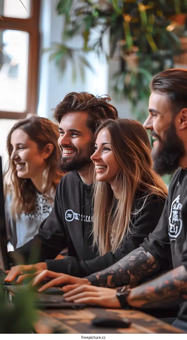 Group of four young people looking at computer screen and smiling