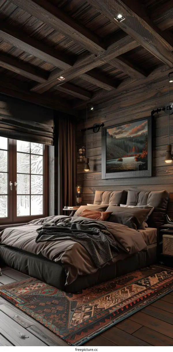 A cozy cabin bedroom with wood walls and a large window