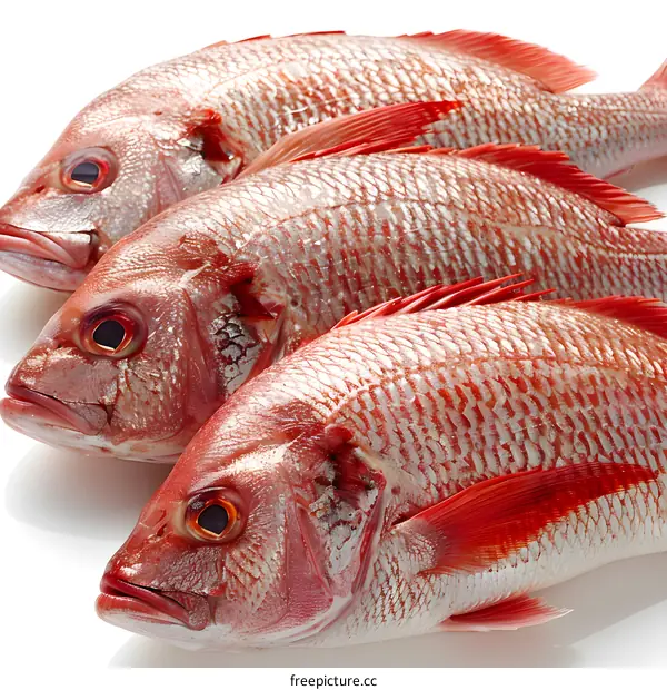 Three red snappers on a white background