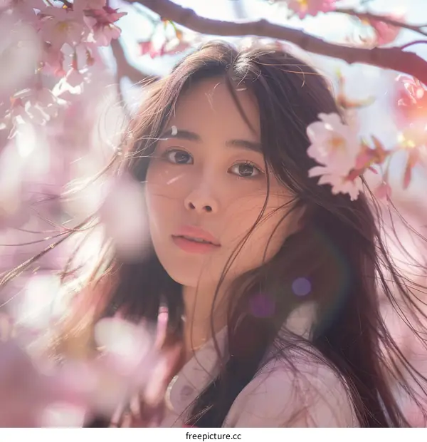 Portrait of a young Asian woman standing in a field of cherry blossoms