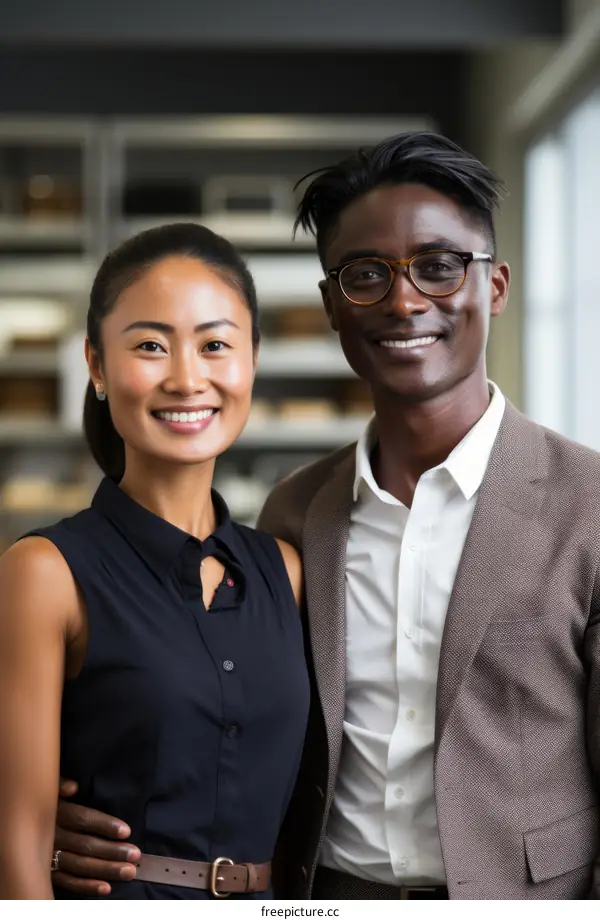 Smiling Asian woman and African-American man in business attire