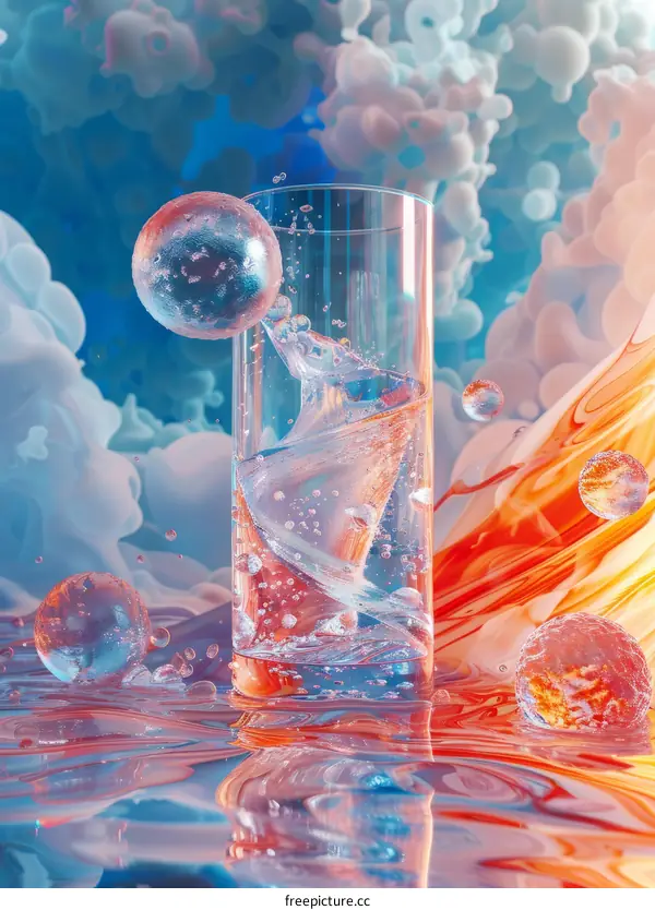 Glass of Water with Colorful Spheres