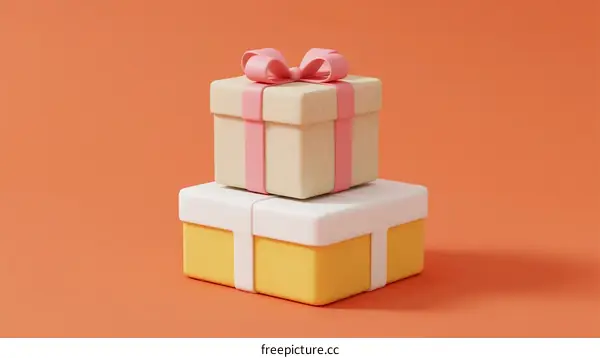 Two Colorful Gift Boxes Stacked with Pink Ribbon on Orange