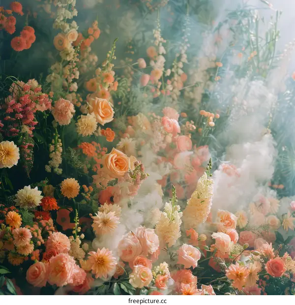 Close-up of colorful flowers with a dreamy fog
