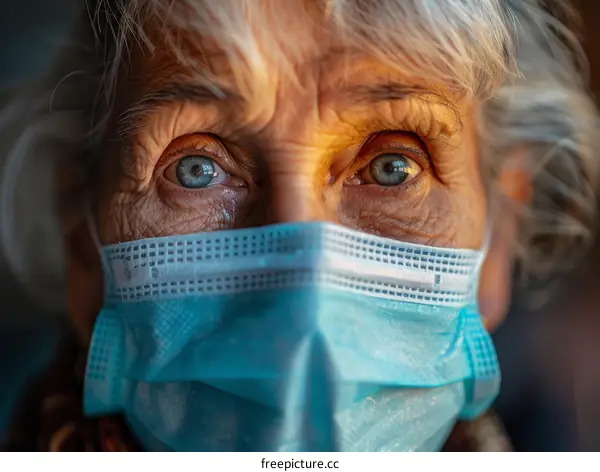 Close-up portrait of an elderly woman wearing a medical face mask