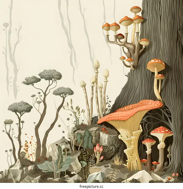 Magical Forest Illustration with Orange Mushrooms and Trees