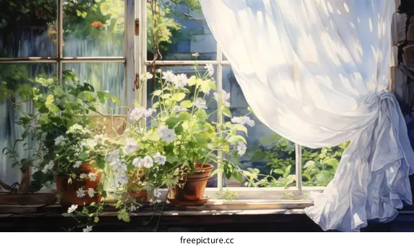 White sheer curtain gently swaying in a bright sunny window with potted plants on the sill