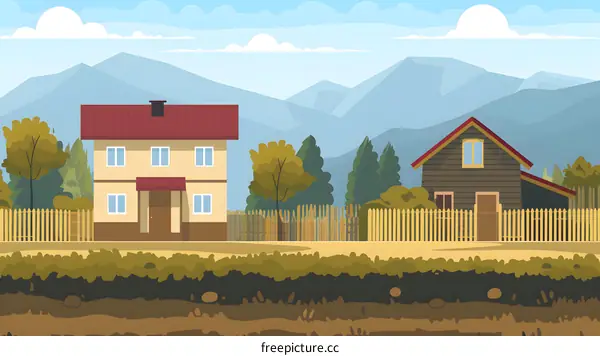 Countryside Landscape With Two Houses In Front Of Mountains