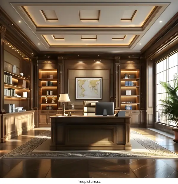 Luxury wood office interior with bookshelves and world map
