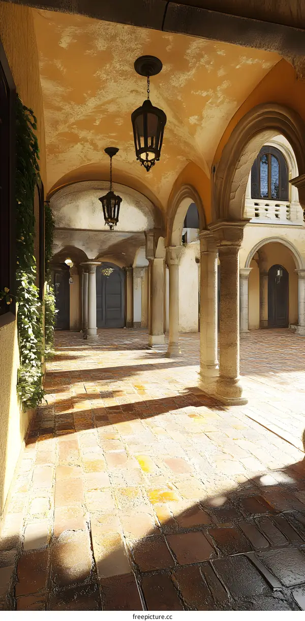 Arched Courtyard With Stone Columns and Lantern
