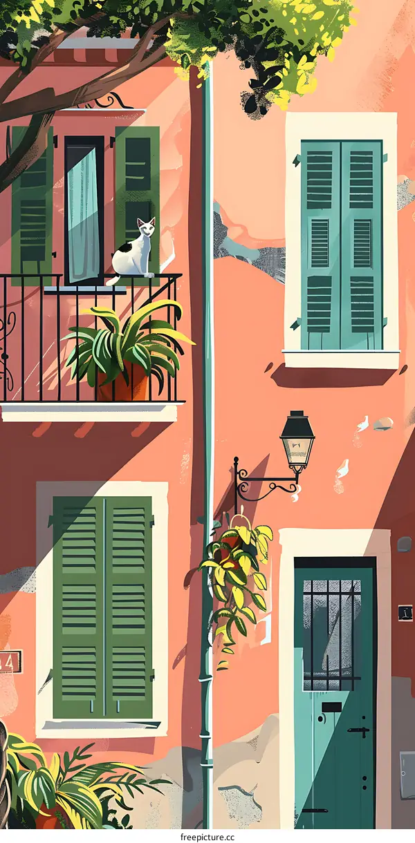 Green Shutters on a Pink Building with a Cat